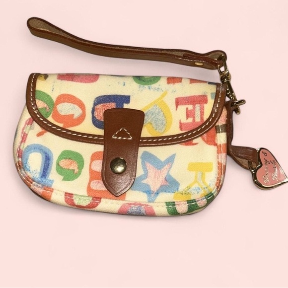 Dooney & Bourke Cream and Brown Wristlet with Alphabet Print - Picture 1 of 6